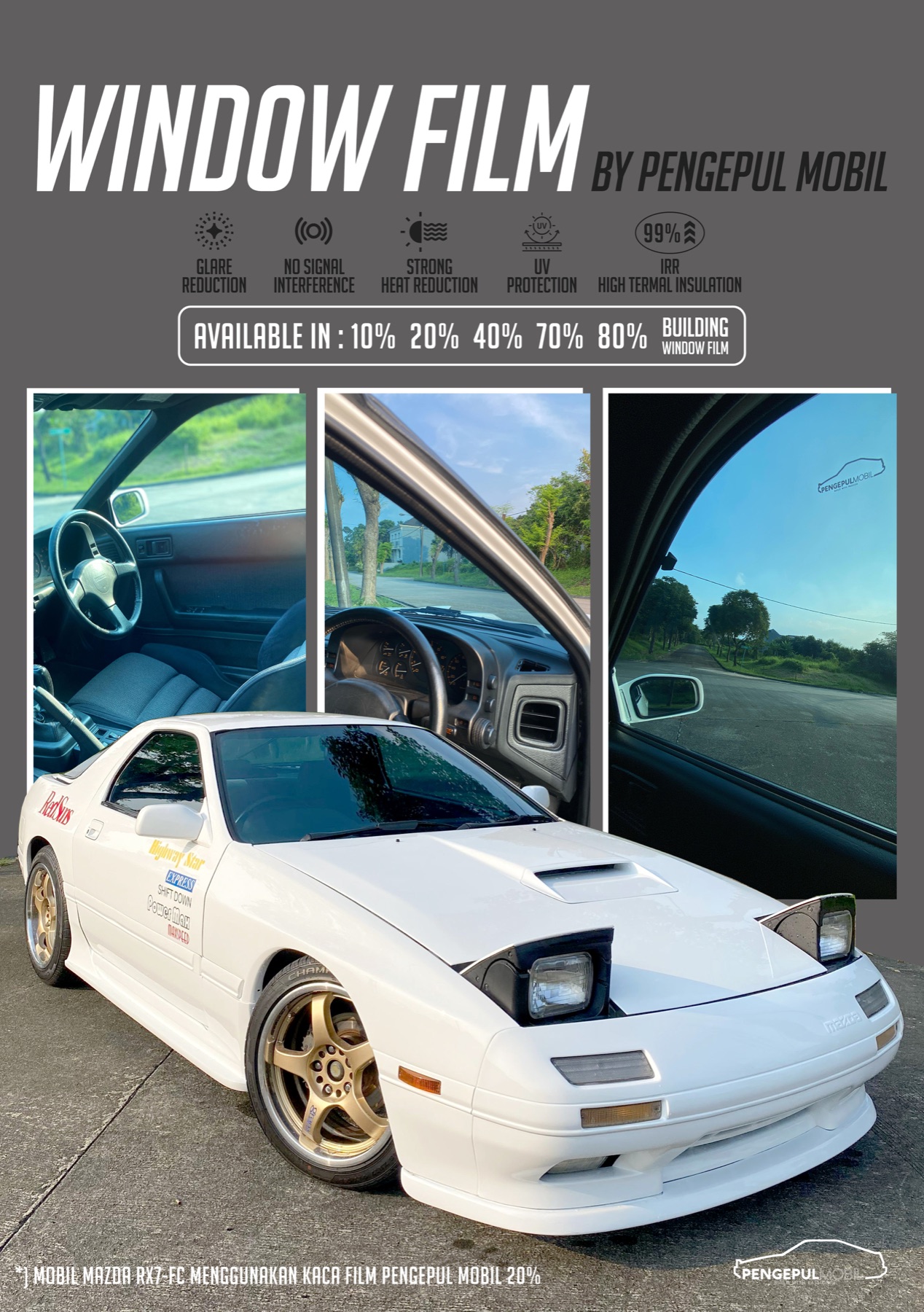 Brosur Window Film by Pengepul Mobil dengan contoh pemasangan pada Mazda RX7 FC